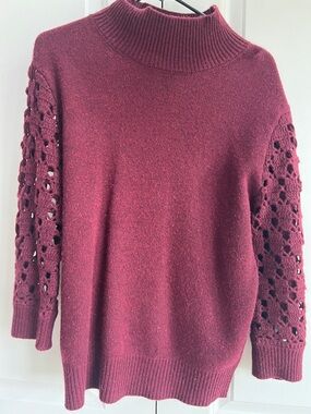 Magaschoni Burgundy Mock Neck Sweater with Eyelet Crochet Sleeves